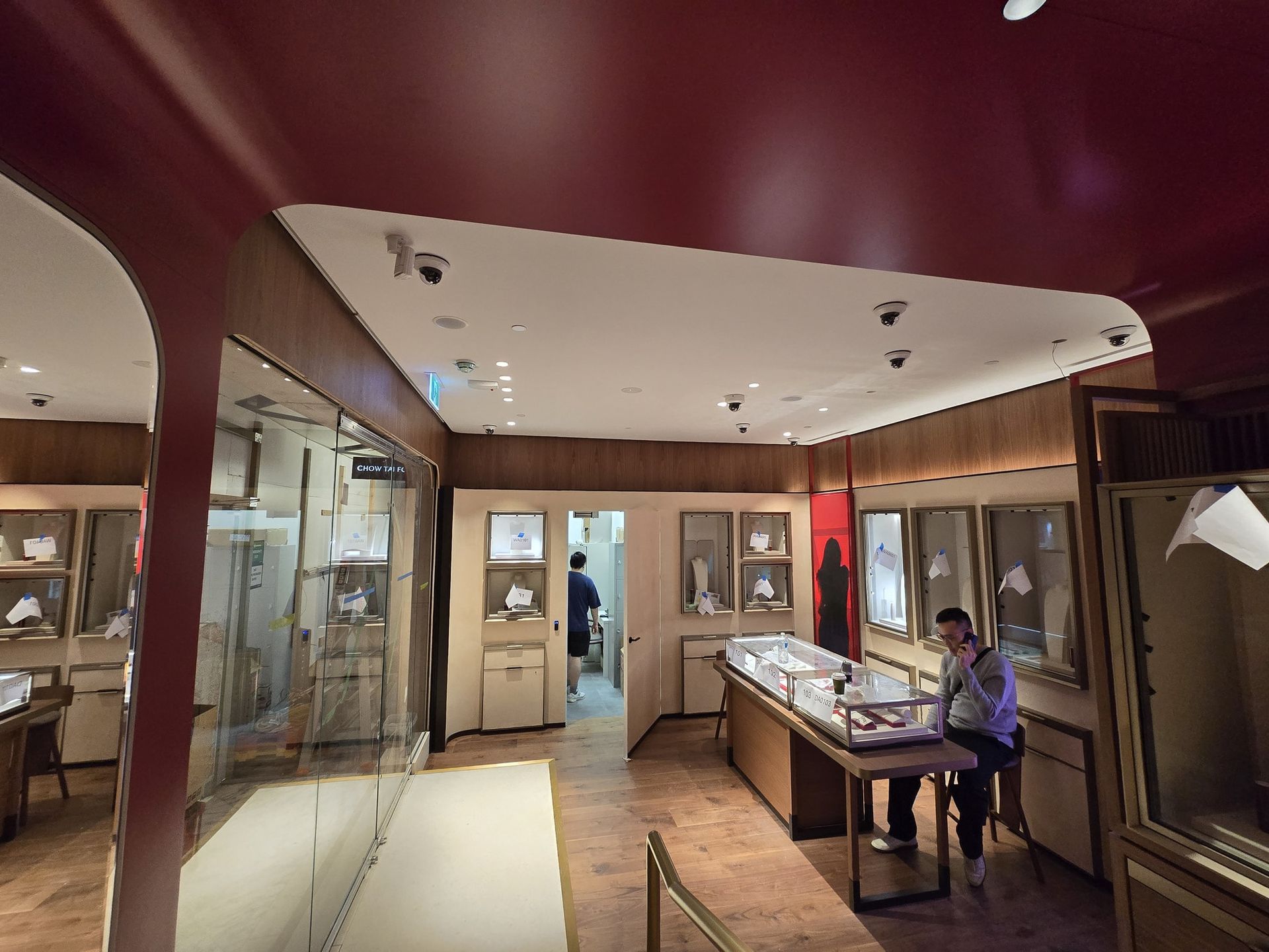 Wide view of a completed retail security installation showing multiple ceiling-mounted surveillance cameras providing coverage across the store floor.